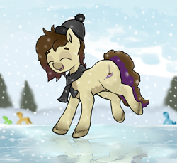 Size: 2085x1913 | Tagged: safe, artist:waffletheheadmare, oc, oc:cj vampire, earth pony, pony, clothes, commission, glasses off, jumping, photo, scarf, smiling, snow, snowfall, snowflake, solo, winter, ych result