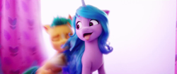 Size: 1920x804 | Tagged: safe, screencap, hitch trailblazer, izzy moonbow, earth pony, pony, unicorn, g5, my little pony: a new generation, duo, female, fit right in (g5), male, mare, out of context, stallion, tongue out