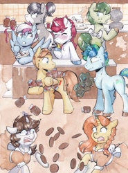 Size: 4901x6607 | Tagged: safe, artist:lightisanasshole, oc, oc only, oc:dorm pony, oc:steam loco, oc:stjonal, oc:stroopwafeltje, android, earth pony, pegasus, pony, robot, unicorn, bowl, clothes, colored hooves, cooking, dress, falling, floor, flour, food, group, kitchen, levitation, magic, maid, messy, nervous sweat, plate, ponycon holland, ribbon, spatula, stacking, surprised, sweat, sweatdrop, telekinesis, traditional art, tripping, waffle, watercolor painting, whistle