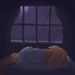 Size: 1600x1600 | Tagged: safe, artist:phat_guy, oc, oc only, oc:darkest hour, earth pony, pony, bed, curtains, depressed, depression, female, floppy ears, gray coat, lying down, lying on bed, messy hair, messy mane, moon, moonlight, night, on bed, on side, orange hair, orange tail, pillow, rain, sad, solo, tail, window