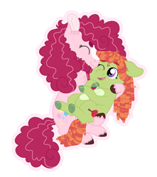 Size: 2158x2439 | Tagged: safe, artist:queenderpyturtle, pinkie pie, tree hugger, pony, g4, alternate design, beard, facial hair, female, high res, lesbian, pinkiehugger, shipping, simple background, transparent background