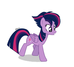 Size: 1072x982 | Tagged: safe, artist:avonir, twilight sparkle, alicorn, pony, g4, alternate hairstyle, eyelashes, female, folded wings, full body, mare, multicolored mane, multicolored tail, open mouth, purple eyes, shadow, signature, simple background, solo, tail, transparent background, twilight sparkle (alicorn), wings