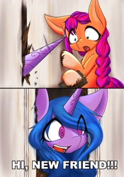 Size: 2867x4096 | Tagged: safe, artist:zemlya, izzy moonbow, sunny starscout, earth pony, pony, unicorn, g5, my little pony: a new generation, big ears, coat markings, comic, dialogue, door, here's johnny, hi new friend, horn markings, insanity, izzy impaling things, movie reference, parody, pinpoint eyes, scared, smiling, socks (coat markings), swirly eyes, the shining, wide eyes, yandere, yandereizzy