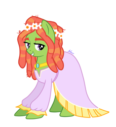 Size: 2200x2400 | Tagged: safe, artist:avonir, tree hugger, earth pony, pony, g4, clothes, dress, eyelashes, female, grin, high res, jewelry, mare, necklace, signature, simple background, smiling, solo, white background