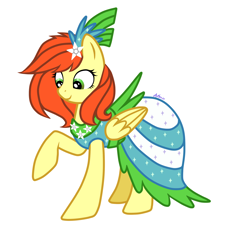 Size: 2200x2400 | Tagged: safe, artist:avonir, oc, pegasus, pony, clothes, dress, eyelashes, female, flower, flower in hair, high res, mare, pegasus oc, raised hoof, signature, simple background, smiling, solo, white background, wings