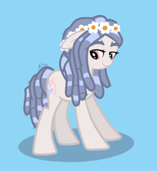 Size: 2200x2400 | Tagged: safe, artist:avonir, oc, oc only, earth pony, pony, blue background, dreadlocks, eyelashes, female, floral head wreath, flower, high res, mare, signature, simple background, solo