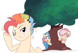 Size: 2880x1953 | Tagged: safe, artist:khimi-chan, oc, oc only, ear piercing, female, hiding, male, mare, multicolored hair, one eye closed, piercing, rainbow hair, simple background, smiling, stallion, transparent background, tree, wink