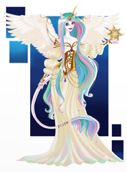 Size: 1024x1382 | Tagged: safe, artist:moryartix, princess celestia, alicorn, anthro, g4, abstract background, clothes, dress, female, horn, leonine tail, smiling, solo, tail, wings