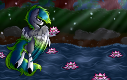 Size: 4000x2511 | Tagged: safe, artist:beamybutt, oc, oc only, pegasus, pony, colored wings, ear fluff, flying, male, outdoors, pegasus oc, river, solo, stallion, two toned wings, wings