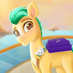 Size: 2100x2100 | Tagged: safe, artist:pipp_petal, hitch trailblazer, pipp petals, earth pony, pony, g5, my little pony: a new generation, badge, high res, male, ocean, smiling, solo, stallion, sunset
