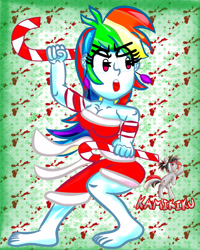 Size: 2400x3000 | Tagged: safe, artist:kamikiku, rainbow dash, equestria girls, g4, :o, barefoot, breasts, busty rainbow dash, candy, candy cane, christmas, clothes, costume, feet, food, high res, holiday, open mouth, santa costume