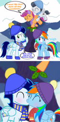 Size: 1280x2586 | Tagged: safe, artist:mlplary6, rainbow dash, rumble, scootaloo, soarin', pegasus, pony, g4, blushing, boyfriend and girlfriend, christmas, colt, comic, female, filly, friends, holiday, holly, holly mistaken for mistletoe, kiss on the lips, kissing, male, ship:rumbloo, ship:soarindash, shipping, snow, straight