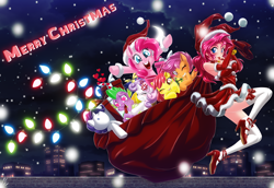 Size: 5082x3500 | Tagged: safe, artist:mauroz, apple bloom, pinkie pie, rarity, scootaloo, spike, sweetie belle, dragon, earth pony, human, pegasus, pony, unicorn, g4, absurd file size, absurd resolution, anime, bag, breasts, christmas, clothes, costume, cutie mark crusaders, female, hat, heart eyes, high heels, holiday, human ponidox, humanized, implied shipping, implied sparity, implied straight, male, mare, plushie, sack, santa claus, santa costume, santa hat, self paradox, self ponidox, shoes, snow, socks, stockings, thigh highs, wingding eyes