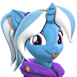Size: 2160x2160 | Tagged: safe, artist:xppp1n, trixie, pony, unicorn, g4, 3d, alternate hairstyle, babysitter trixie, clothes, cute, diatrixes, eyelashes, female, hairband, high res, hoodie, horn, looking at you, mare, mlem, silly, simple background, smiling, smiling at you, solo, source filmmaker, tongue out, transparent background