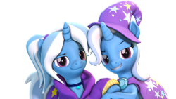 Size: 3840x2160 | Tagged: safe, artist:xppp1n, trixie, pony, unicorn, g4, 3d, alternate hairstyle, babysitter trixie, brooch, cape, clothes, duality, eyelashes, female, hairband, hat, high res, hoodie, horn, jewelry, looking at you, mare, simple background, smiling, smiling at you, source filmmaker, transparent background, trixie's brooch, trixie's cape, trixie's hat