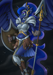 Size: 955x1351 | Tagged: safe, artist:mysticalpha, princess luna, alicorn, anthro, g4, armor, belly button, midriff, shield, solo, spear, unconvincing armor, valkyrie, weapon