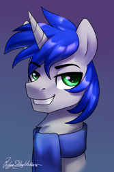 Size: 2000x3000 | Tagged: oc name needed, safe, artist:jedayskayvoker, oc, oc only, pony, unicorn, bust, clothes, evil grin, gradient background, grin, high res, horn, icon, male, portrait, scarf, smiling, solo, stallion, unicorn oc