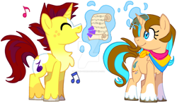 Size: 1280x748 | Tagged: safe, artist:rohans-ponies, oc, oc only, oc:jolly tunes, oc:quill, pony, unicorn, deviantart watermark, female, magic, mare, music notes, obtrusive watermark, pansexual pride flag, pride, pride flag, simple background, transparent background, watermark