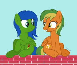 Size: 2000x1693 | Tagged: safe, artist:luckreza8, artist:ponyrailartist, oc, oc only, oc:checkpoint, oc:naviga, pegasus, pony, brick wall, duo, duo female, eye contact, female, folded wings, grin, happy, looking at each other, mare, mother and child, mother and daughter, show accurate, sitting, smiling, vector, wings
