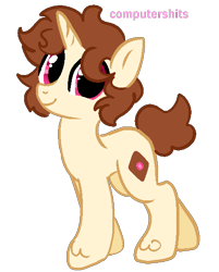 Size: 452x562 | Tagged: safe, alternate version, artist:cutiesparke, derpibooru exclusive, oc, oc only, oc:chocolate panini, pony, unicorn, brown mane, brown tail, curly hair, full body, horn, looking at you, male, pink eyes, short tail, show accurate, simple background, smiling, solo, tail, transparent background, unicorn oc, unshorn fetlocks, watermark, yellow fur