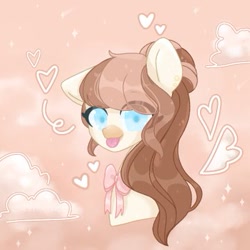 Size: 360x360 | Tagged: safe, artist:iamsmileo, oc, oc only, pony, blue eyes, bust, cute, daaaaaaaaaaaw, hair bun, heart, mlem, neck bow, pink background, pink bow, silly, simple background, tongue out, wings