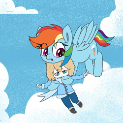 Size: 2894x2894 | Tagged: safe, artist:ramsfel, rainbow dash, oc, oc:fears, human, pegasus, pony, g4, carrying, clothes, cloud, duo, high res, human and pony, jacket, scarf, sky background