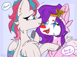 Size: 2160x1620 | Tagged: safe, artist:tizhonolulu, pipp petals, zipp storm, pegasus, pony, g5, my little pony: a new generation, adorapipp, adorazipp, clown, clown makeup, cute, eyes closed, female, joker (2019), makeup, mare, open mouth, prank, royal sisters (g5), siblings, sisters, sisters being sisters, wings