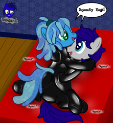Size: 3840x4154 | Tagged: safe, artist:damlanil, oc, oc only, oc:maverick, oc:ocean soul, earth pony, pegasus, pony, bed, butt, catsuit, clothes, comic, commission, female, hug, latex, latex suit, love, lying down, male, mare, married couple, married couples doing married things, on back, on bed, onomatopoeia, open mouth, plot, rubber, shiny, shipping, show accurate, smiling, soulverick, stallion, suit, text, vector, wings