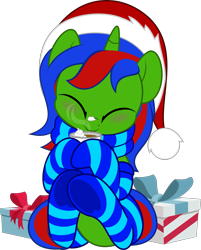 Size: 4021x5000 | Tagged: safe, artist:jhayarr23, oc, oc only, oc:christian clefnote, pony, unicorn, chocolate, christmas, clothes, commission, cozy, cute, daaaaaaaaaaaw, eyes closed, food, hat, holiday, horn, hot chocolate, male, mug, present, santa hat, scarf, simple background, sitting, smiling, socks, solo, stallion, striped socks, transparent background, unicorn oc, ych result