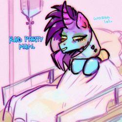 Size: 500x500 | Tagged: safe, artist:bunchi, oc, oc:acid pecks, pony, unicorn, colorful, drugs, hospital, sleepy, solo