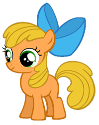 Size: 263x331 | Tagged: safe, artist:pika-robo, apple bloom, applejack (g1), earth pony, pony, g4, apple bloom's bow, bow, female, filly, full body, green eyes, hair bow, recolor, simple background, smiling, solo, standing, tail, transparent background, yellow mane, yellow tail