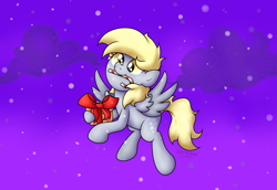 Size: 5354x3673 | Tagged: safe, artist:background basset, derpy hooves, pegasus, pony, g4, candy, candy cane, flying, food, night, present, snow, solo, spread wings, wings