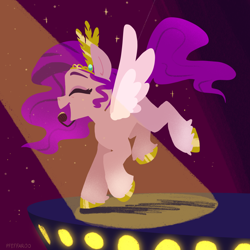 Size: 2048x2048 | Tagged: safe, artist:pfeffaroo, pipp petals, pegasus, pony, g5, my little pony: a new generation, eyes closed, high res, microphone, smiling, solo, spotlight, stage