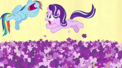 Size: 1080x608 | Tagged: safe, edit, edited screencap, editor:rarity vrymer collective, screencap, rainbow dash, starlight glimmer, a royal problem, g4, season 7, flower, multicolored hair, multicolored mane, multicolored tail, nose in the air, open mouth, tail