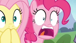 Size: 1080x608 | Tagged: safe, edit, edited screencap, editor:rarity vrymer collective, screencap, fluttershy, pinkie pie, g4, my little pony: friendship is magic, the maud couple, mawshot, open mouth, screaming, shrunken pupils, uvula