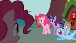 Size: 1080x608 | Tagged: safe, edit, edited screencap, screencap, pinkie pie, rainbow dash, spike, twilight sparkle, dragon, g4, my little pony: friendship is magic, too many pinkie pies, golden oaks library, male, nose in the air, open mouth