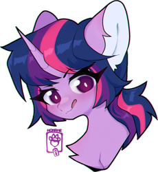 Size: 1199x1301 | Tagged: safe, artist:murm-i, twilight sparkle, pony, unicorn, collaboration:too many twilight, g4, blushing, bust, chest fluff, collaboration, ear fluff, female, mare, portrait, simple background, solo, tongue out, transparent background