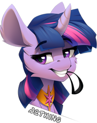 Size: 1042x1325 | Tagged: safe, artist:n_thing, twilight sparkle, pony, unicorn, collaboration:too many twilight, g4, collaboration, female, looking at you, mare, mouth hold, simple background, solo, transparent background