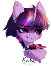 Size: 1065x1368 | Tagged: safe, artist:shenki, twilight sparkle, pony, unicorn, collaboration:too many twilight, g4, bust, collaboration, collar, fangs, female, mare, portrait, simple background, solo, transparent background