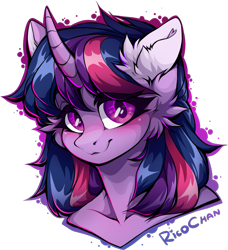 Size: 1240x1358 | Tagged: safe, artist:rico_chan, twilight sparkle, unicorn, anthro, collaboration:too many twilight, g4, bare shoulder portrait, bare shoulders, bust, collaboration, ear fluff, female, looking at you, mare, portrait, simple background, solo, transparent background