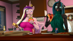 Size: 3840x2160 | Tagged: safe, artist:donglysfm, princess cadance, queen chrysalis, alicorn, changeling, changeling queen, anthro, plantigrade anthro, g4, 3d, 4k, backless, bepis, big breasts, breasts, busty princess cadance, busty queen chrysalis, clothes, conk, disgusted, eating, female, food, high res, kitchen, open-back sweater, peetzer, pizza, revamped anthros, sleeveless sweater, source filmmaker, sweater, that pony sure does love pizza, tongue out, virgin killer sweater