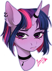 Size: 1055x1441 | Tagged: safe, artist:lomilykohi, twilight sparkle, pony, unicorn, collaboration:too many twilight, g4, bust, choker, collaboration, ear fluff, ear piercing, earring, female, jewelry, looking at you, mare, necklace, piercing, portrait, simple background, solo, transparent background