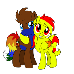 Size: 2048x2048 | Tagged: safe, artist:jay_wackal, oc, oc only, oc:marmalade, oc:rubik, earth pony, pegasus, pony, 2022 community collab, derpibooru community collaboration, blue eyes, colored wings, duo, ear fluff, earth pony oc, female, folded wings, grin, high res, hug, male, mare, multicolored tail, pegasus oc, red eyes, simple background, smiling, stallion, standing, tail, transparent background, two toned mane, two toned tail, wings