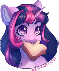 Size: 1050x1259 | Tagged: safe, artist:skanderhost, twilight sparkle, pony, unicorn, collaboration:too many twilight, g4, bread, bust, collaboration, cute, female, food, mare, mouth hold, portrait, simple background, solo, transparent background, twiabetes
