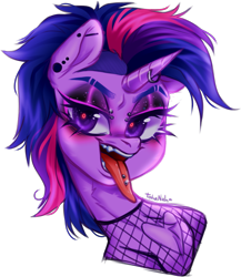 Size: 1109x1279 | Tagged: safe, artist:tohanah, twilight sparkle, pony, unicorn, collaboration:too many twilight, g4, alternate hairstyle, bust, collaboration, ear piercing, earring, eyeshadow, female, fishnet clothing, goth, industrial piercing, jewelry, looking at you, makeup, mare, open mouth, piercing, portrait, punklight sparkle, simple background, solo, tongue out, tongue piercing, transparent background