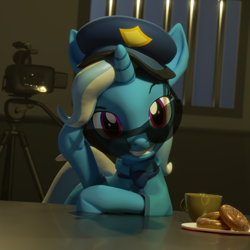 Size: 3840x3840 | Tagged: safe, artist:xppp1n, trixie, pony, unicorn, g4, 3d, camcorder, donut, eyelashes, female, food, high res, horn, looking at you, mare, police hat, police officer, smiling, smiling at you, solo, sunglasses, table