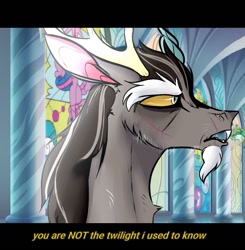Size: 1059x1080 | Tagged: safe, artist:ponychasmic, discord, twilight sparkle, alicorn, draconequus, pony, g5, my little pony: a new generation, antlers, beard, facial hair, fangs, male, scar, stained glass, text, twilight sparkle (alicorn)