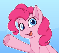 Size: 1202x1077 | Tagged: safe, artist:rivin177, pinkie pie, earth pony, pony, g4, abstract background, blue eyes, bust, eyelashes, female, mare, open mouth, open smile, outline, pink mane, ponk, raised hoof, smiling, solo, underhoof, waving, white outline