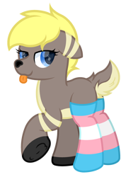 Size: 2426x3107 | Tagged: safe, artist:ponkus, oc, oc only, oc:canvas, deer, :p, blue eyes, butt, clothes, cute, deer nose, deer oc, deer tail, ears back, female, full body, high res, lidded eyes, looking back, mare, plot, pride, pride flag, pride socks, raised hoof, show accurate, simple background, socks, solo, standing, stockings, striped socks, tail, tail fluff, thigh highs, tongue out, trans female, transgender, transgender pride flag, transparent background, underhoof