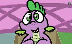 Size: 503x311 | Tagged: safe, artist:pokehidden, spike, dragon, banned from equestria daily, g4, box, cardboard box, carousel boutique, game, male, smiling